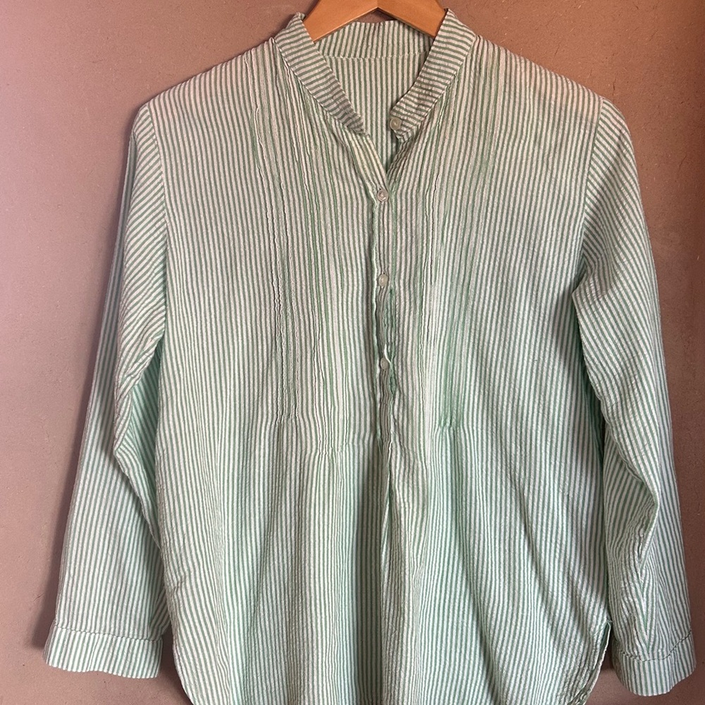 Seersucker light green and white smock top.
